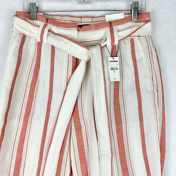 Express Linen Blend High Rise Ankle Pants Size 8 Short NWT Stripe Tie Waist - Picture 3 of 8